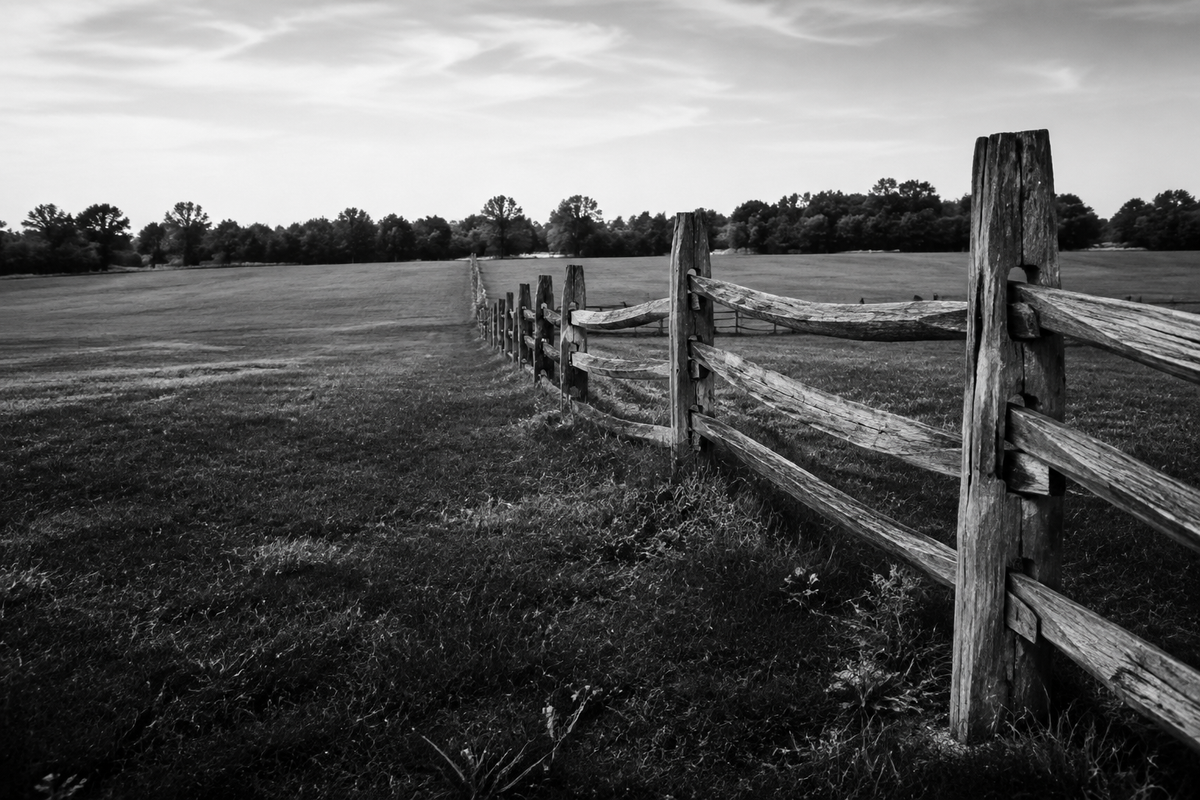A weathered wooden fence crossing an open pasture